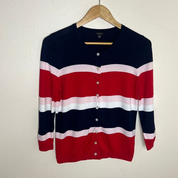 Talbots Red Navy Pink Stripe 3/4 Sleeve Cardigan Small - Picture 1 of 8
